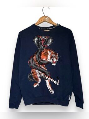 Philipp Plein Tiger Cobra Rhinestone Crewneck Sweatshirt Navy Blue